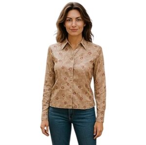NWOT WOMEN'S ESCADA 100% SILK FLORAL cream long sleeve collar blouse size 36